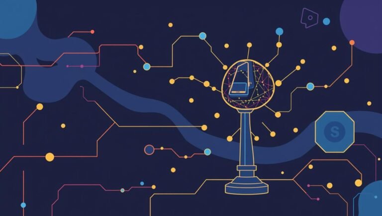 Віртуальний адвокат: AI-революція у юридичному бізнесі та посібник “Як почати вже сьогодні” Темний фон з логотипом Емблема. Яскраві лінії, мінімалістичний дизайн. Емблема компанії.